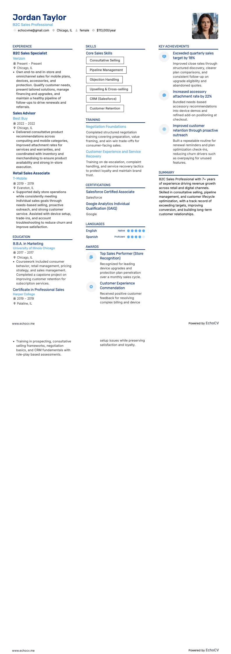 B2C销售专员 example resume