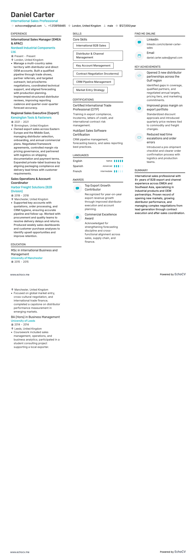 国际销售专员 example resume