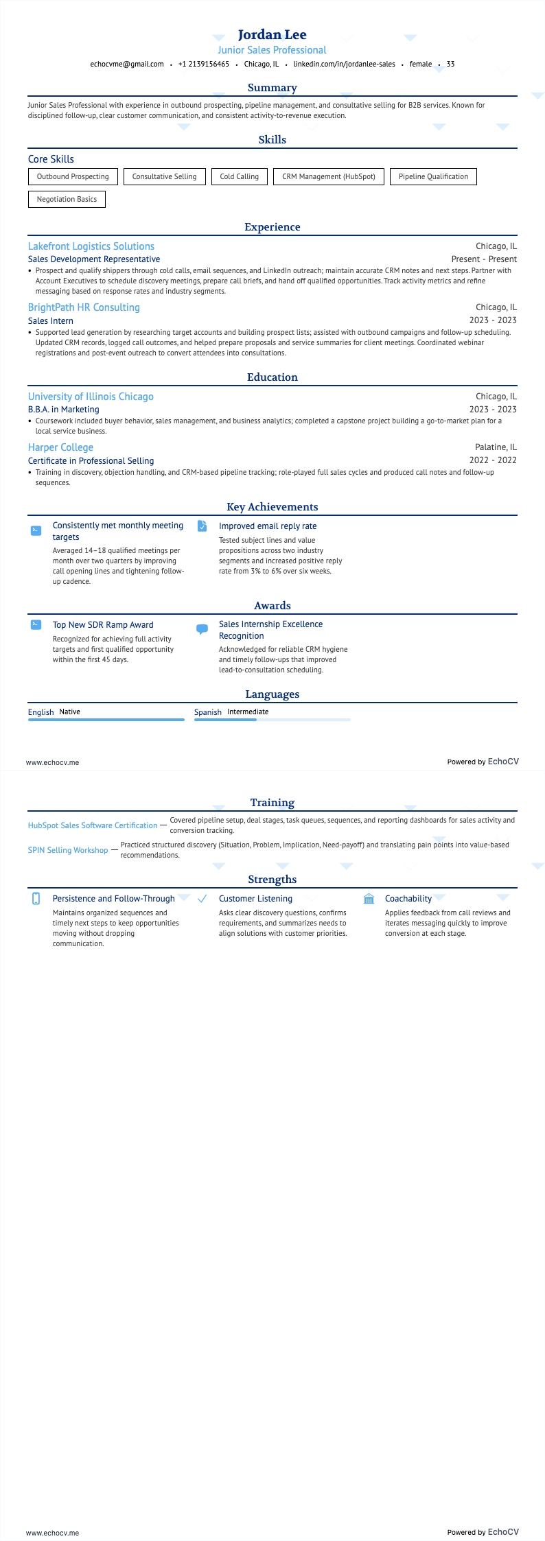 初级销售专员 example resume