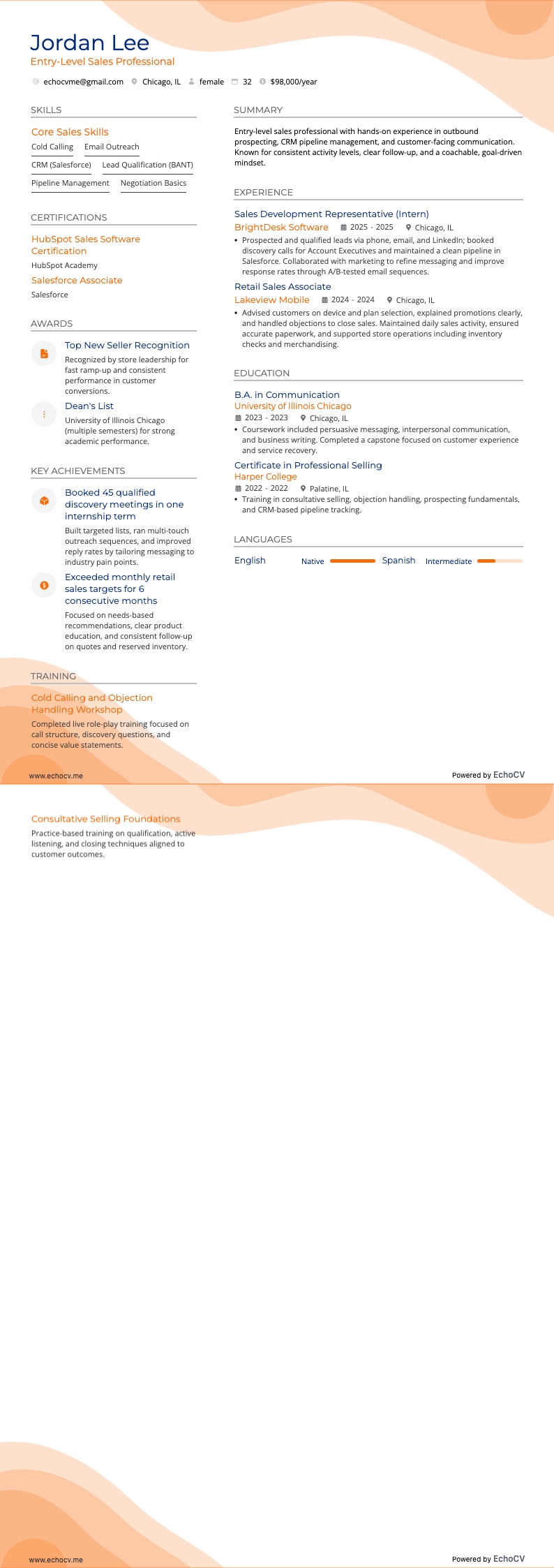 销售专业人士 resume example