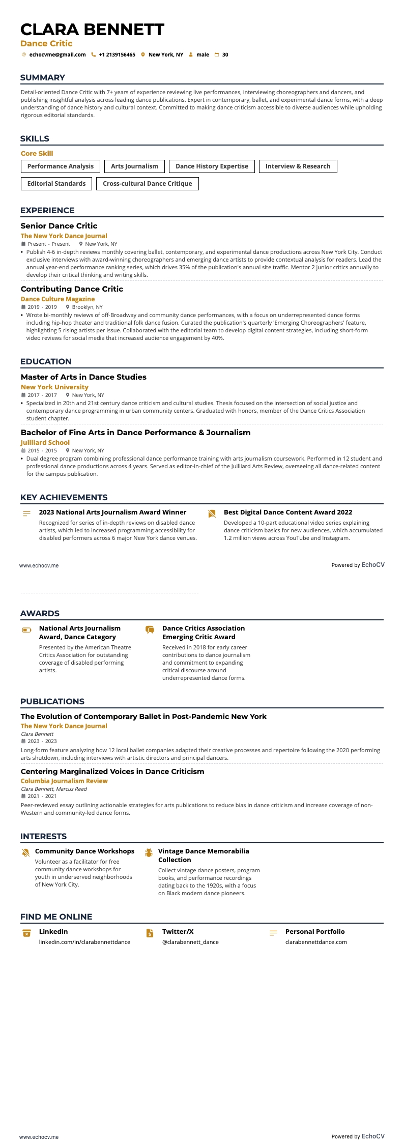 Crítico de dança example resume