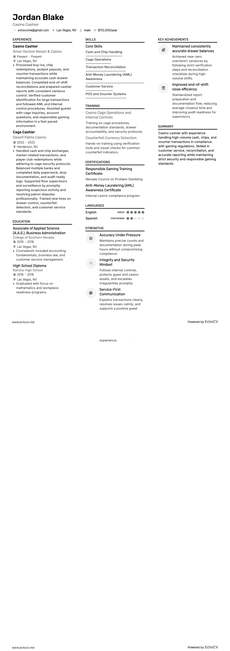 Casino Cashier example resume