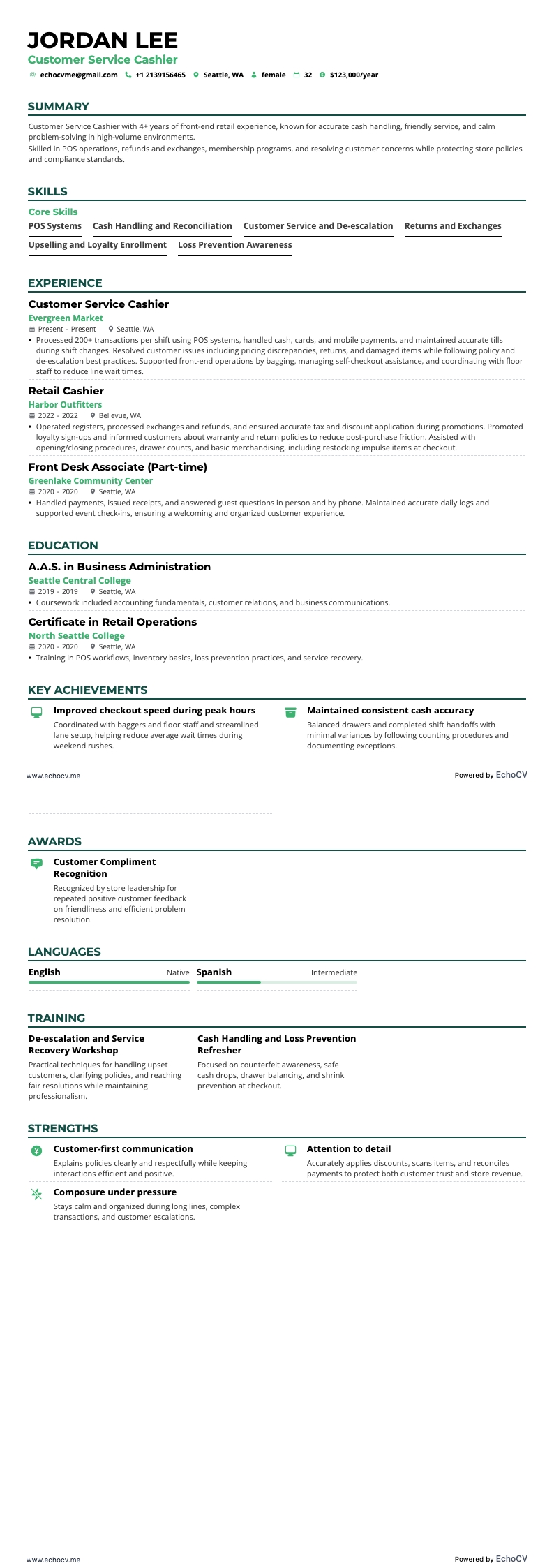 Customer Service Cashier example resume