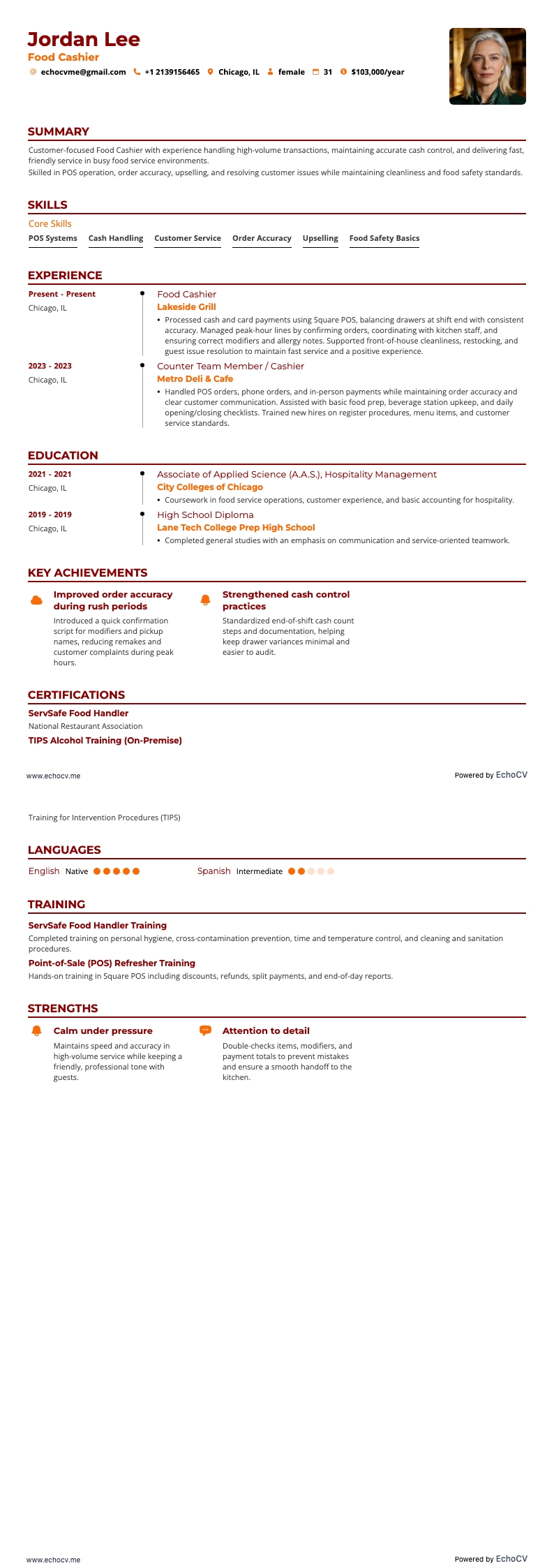 Food Cashier example resume