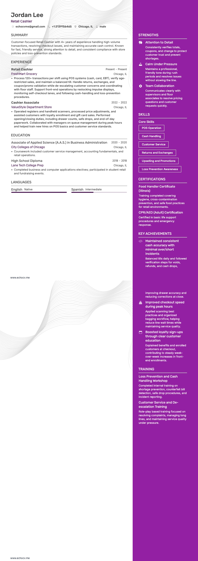 Retail Cashier example resume