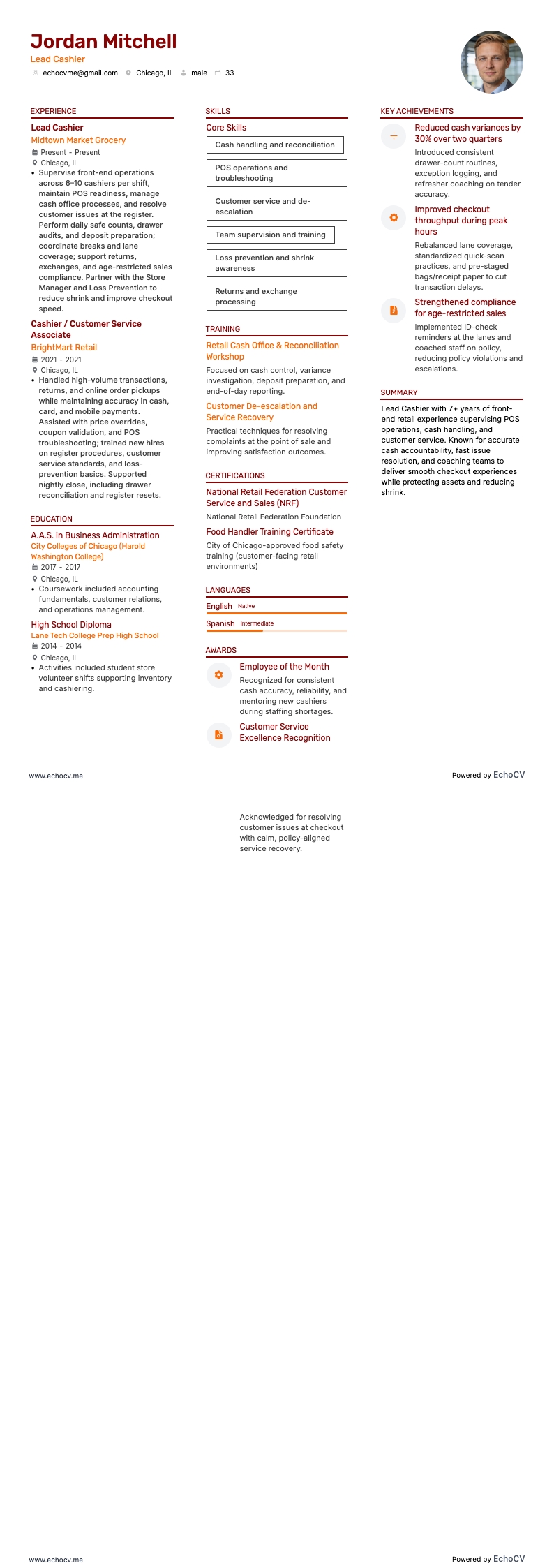 Lead Cashier example resume