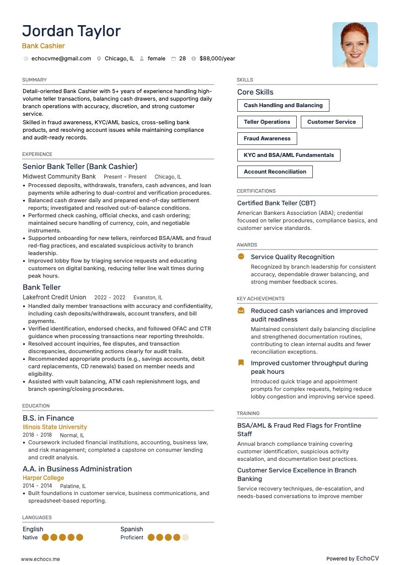 Bank Cashier example resume