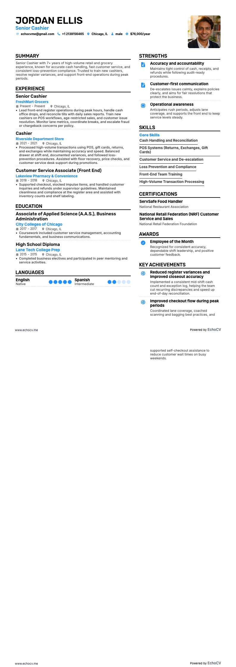 Senior Cashier example resume