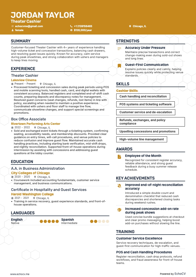 Theater Cashier example resume