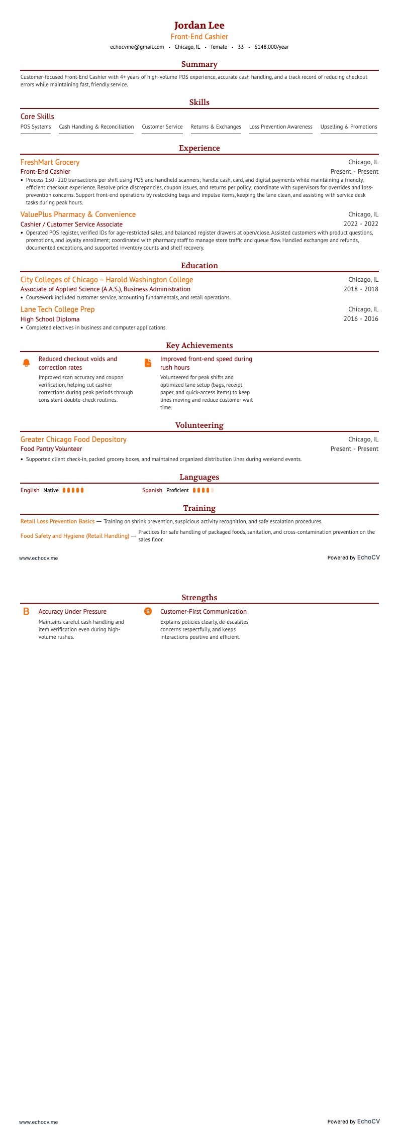 Front-End Cashier example resume