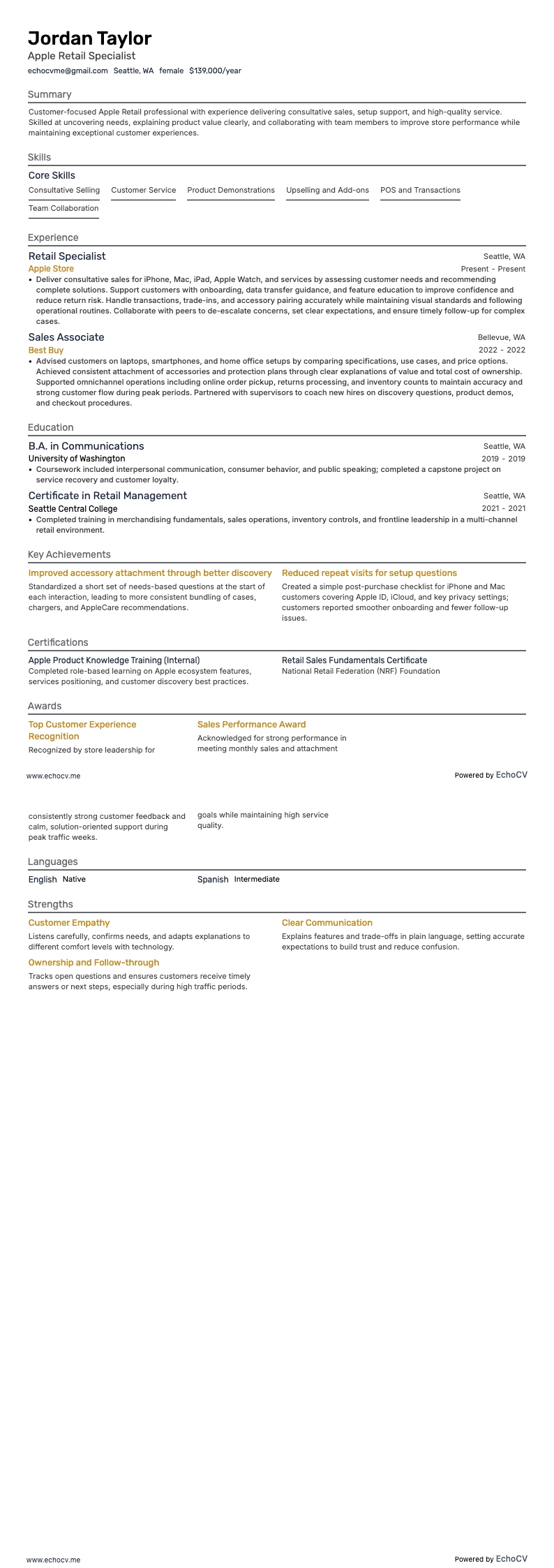 Apple Retail example resume