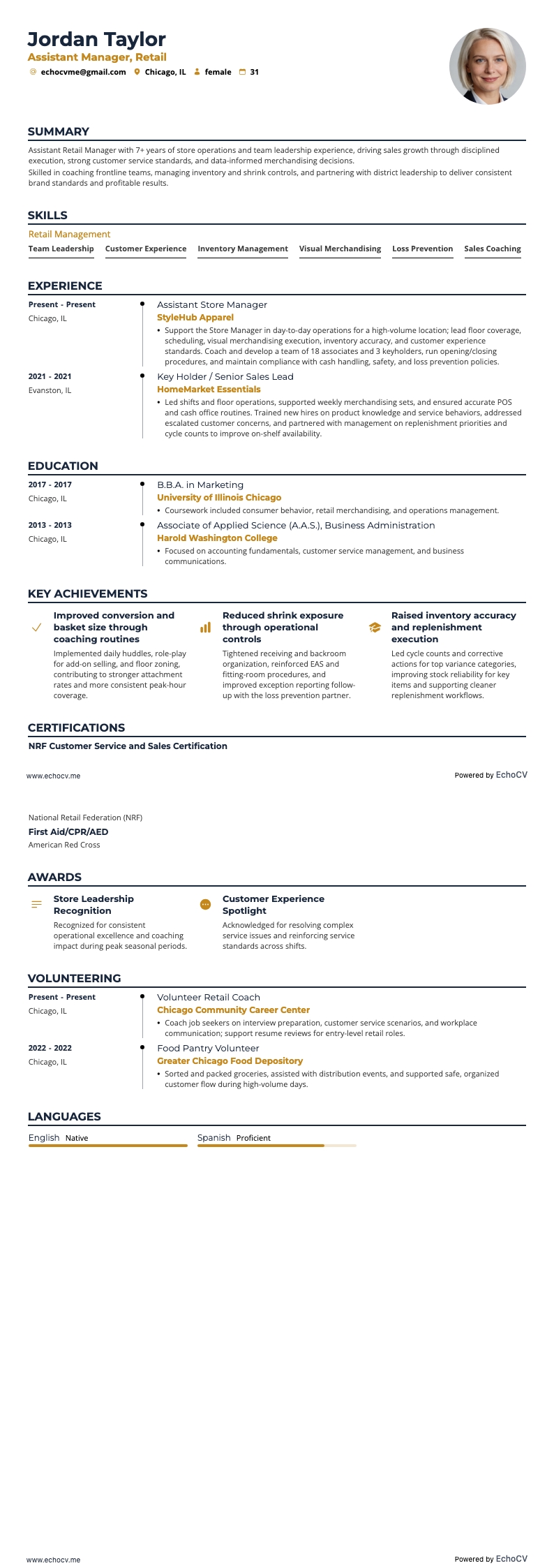 Assistant Manager Retail example resume