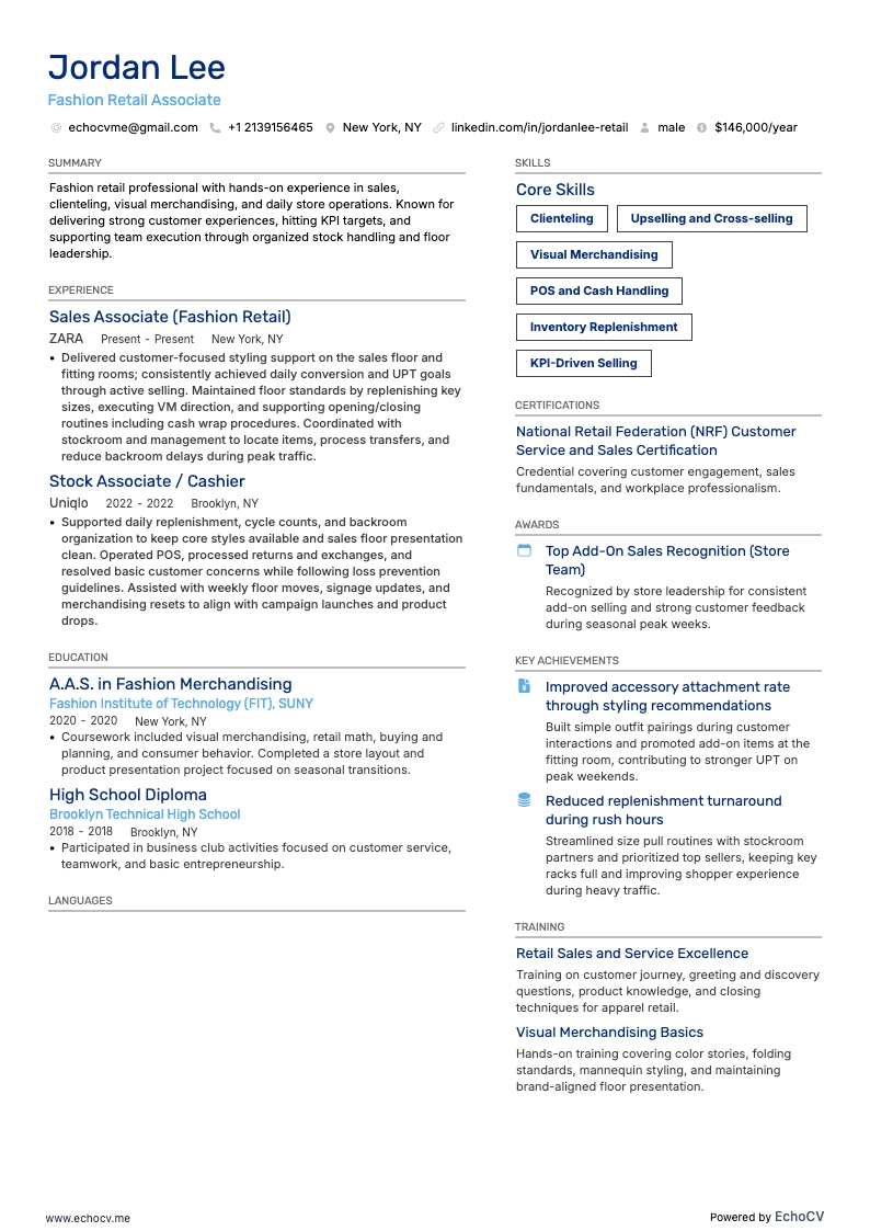 Fashion Retail example resume