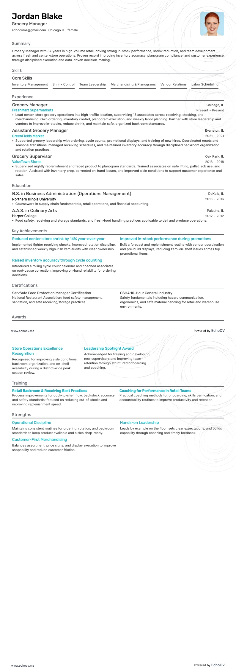 Grocery Manager example resume