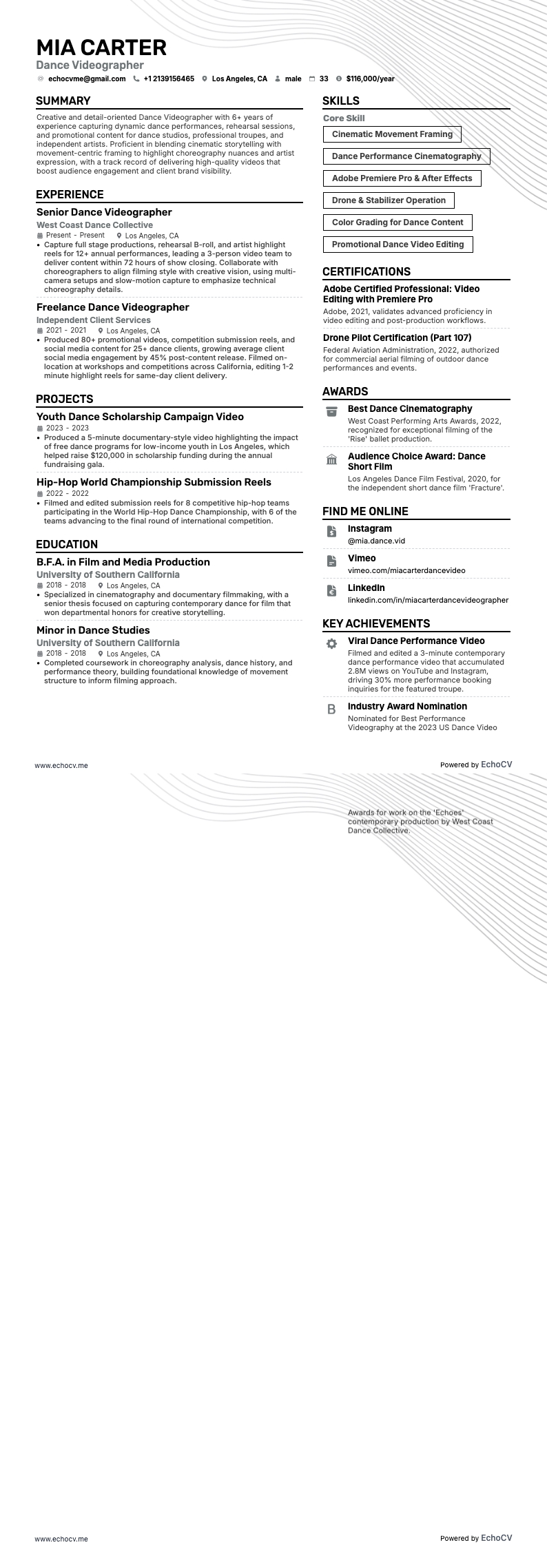 Videógrafo de dança example resume