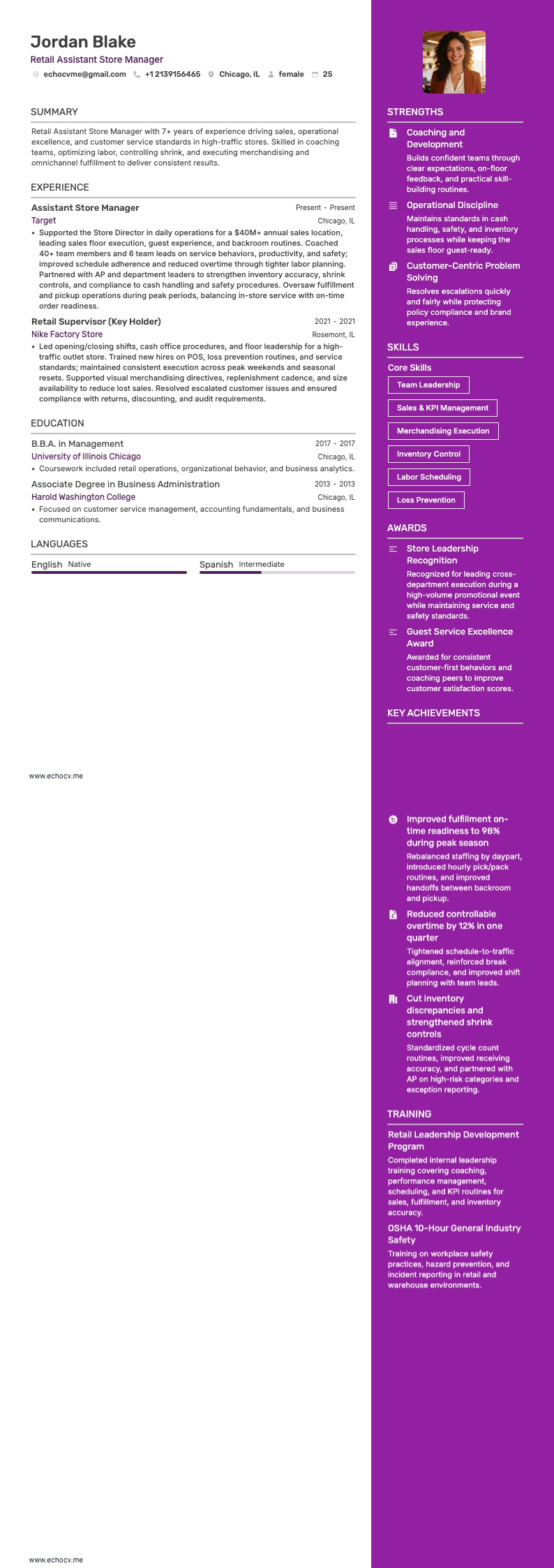 Retail Assistant Store Manager example resume