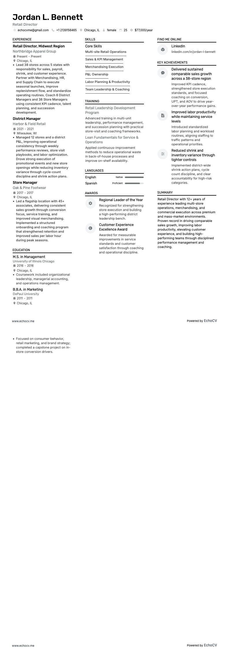 Retail Director example resume