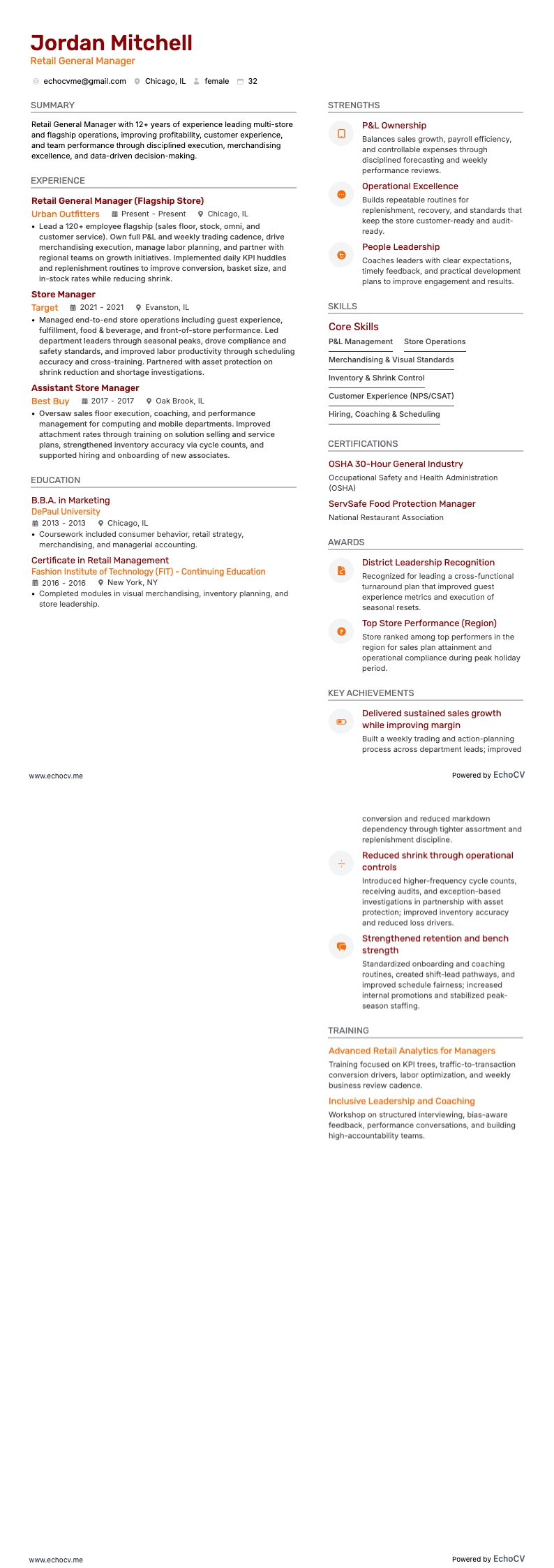 Retail General Manager example resume