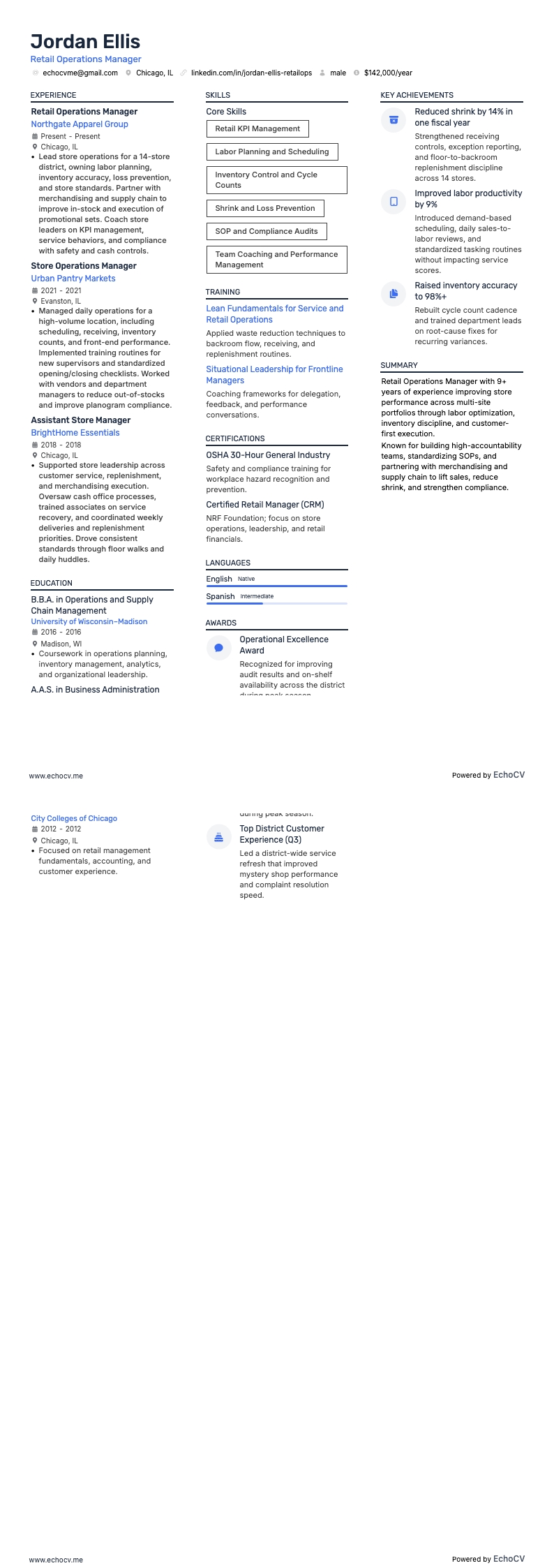 Retail Operations Manager example resume