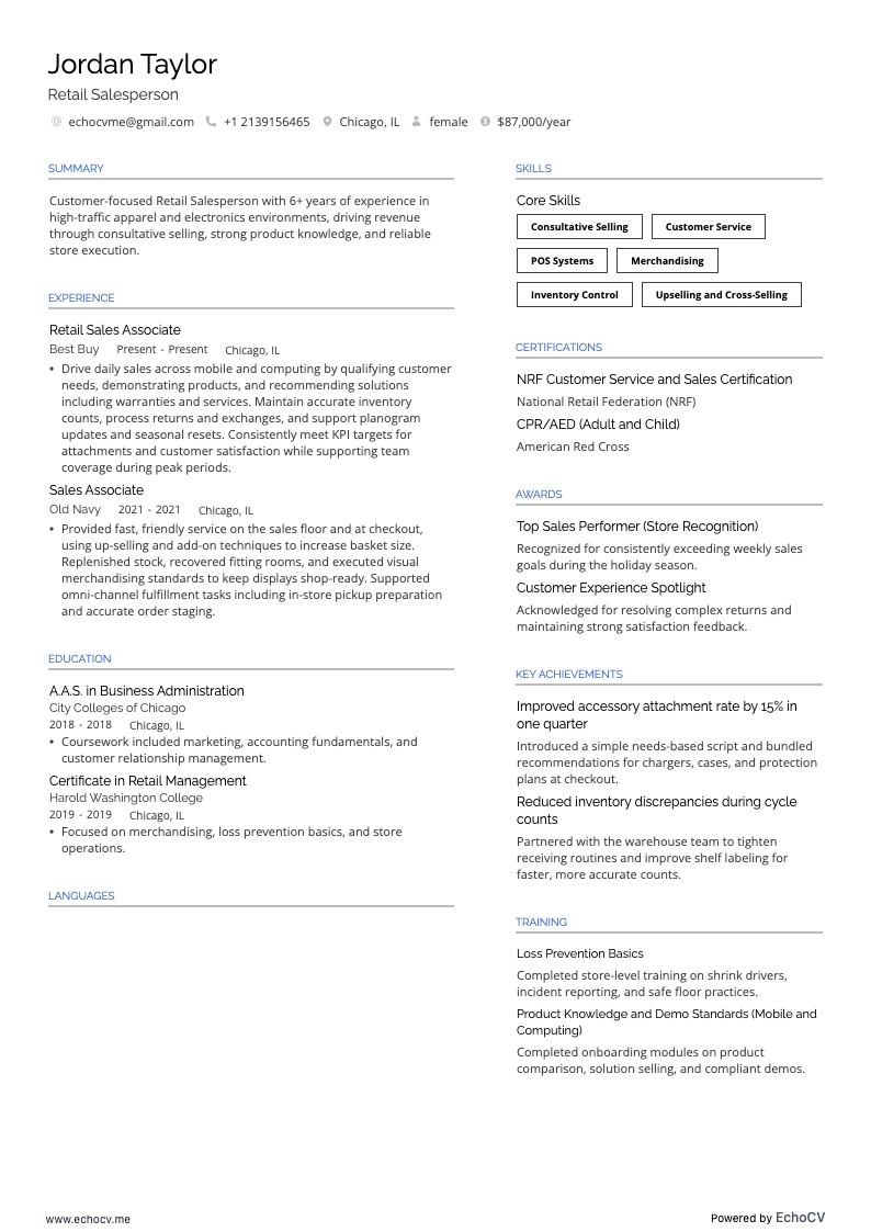 Retail Salesperson example resume