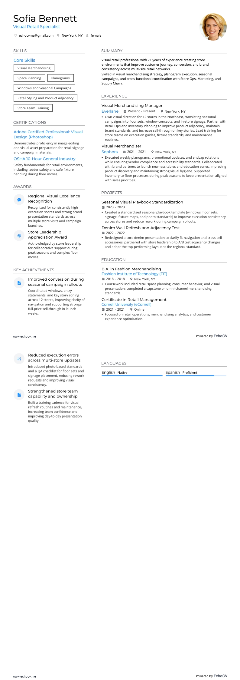Visual Retail example resume