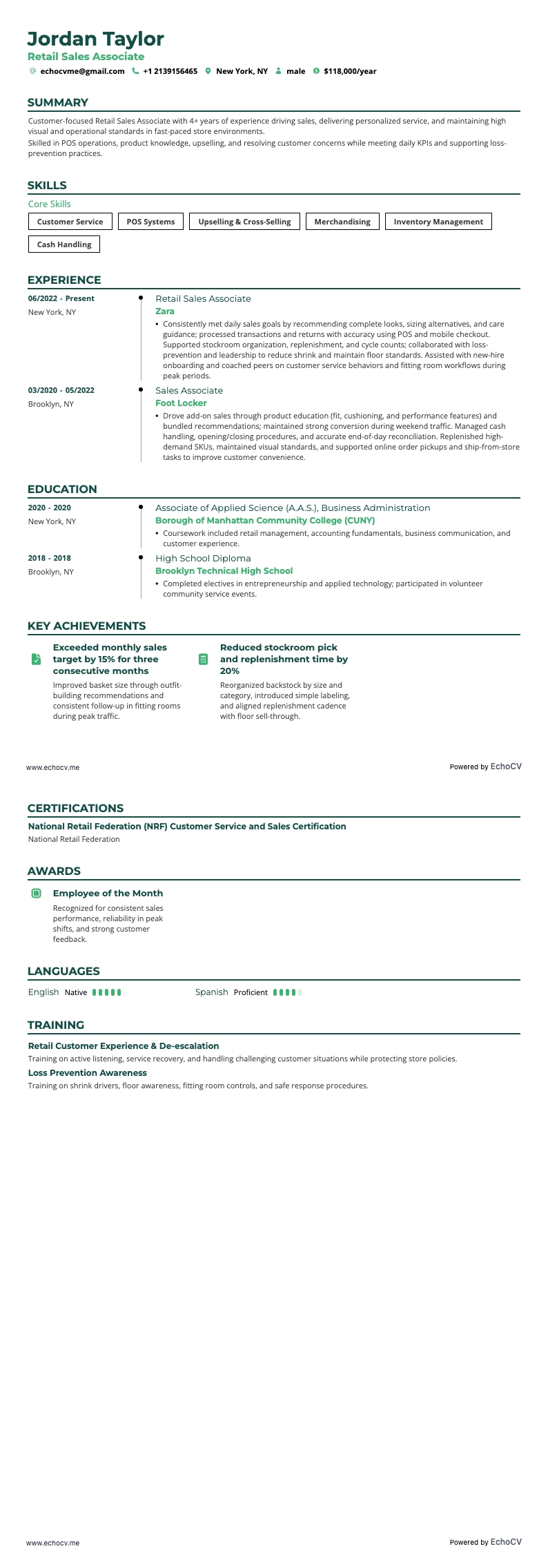 Retail Sales Associate example resume