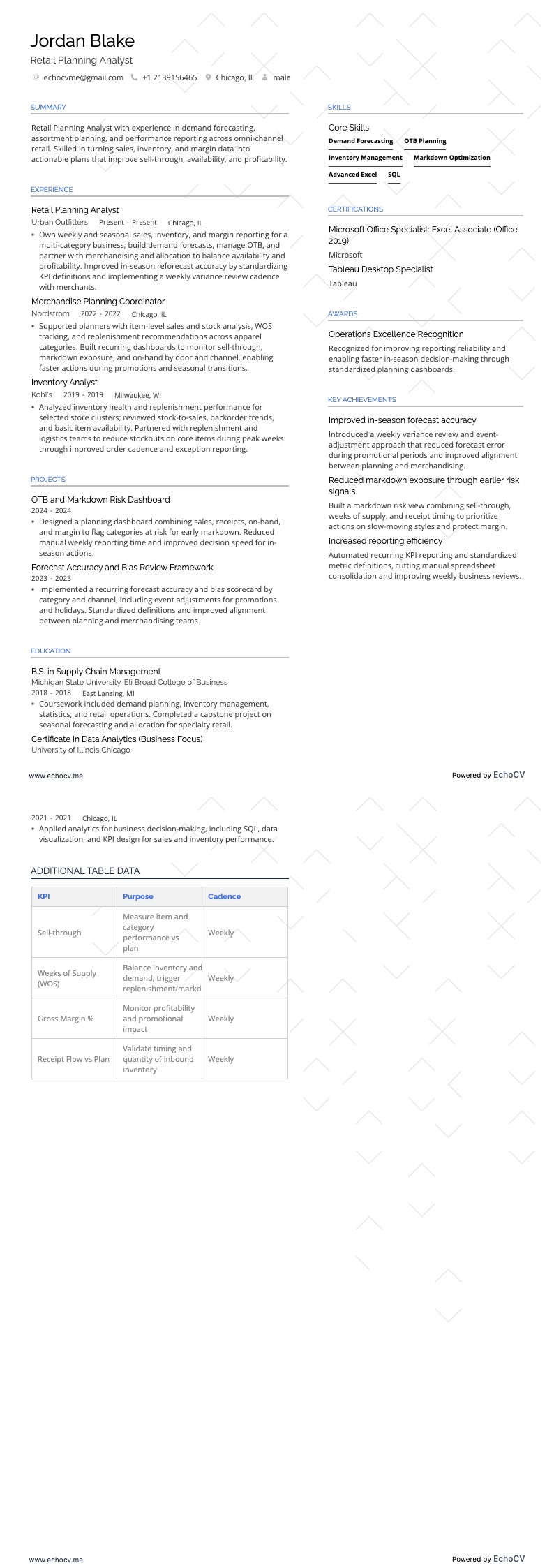 Retail Planning Analyst example resume