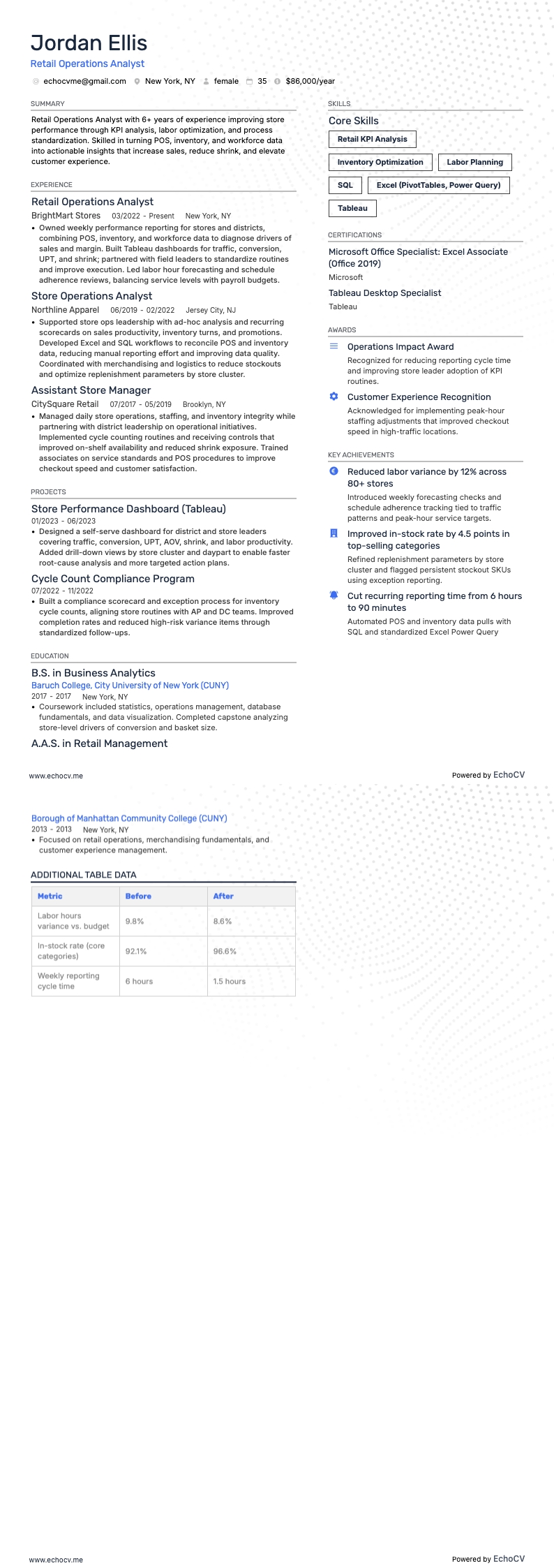 Retail Operations Analyst example resume