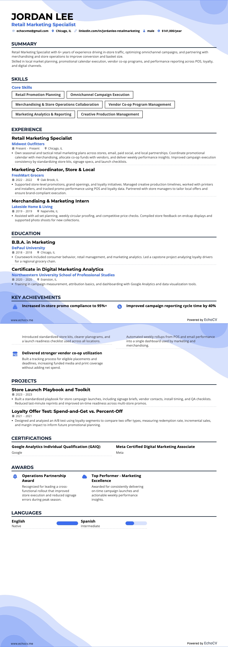 Retail Marketing Specialist example resume