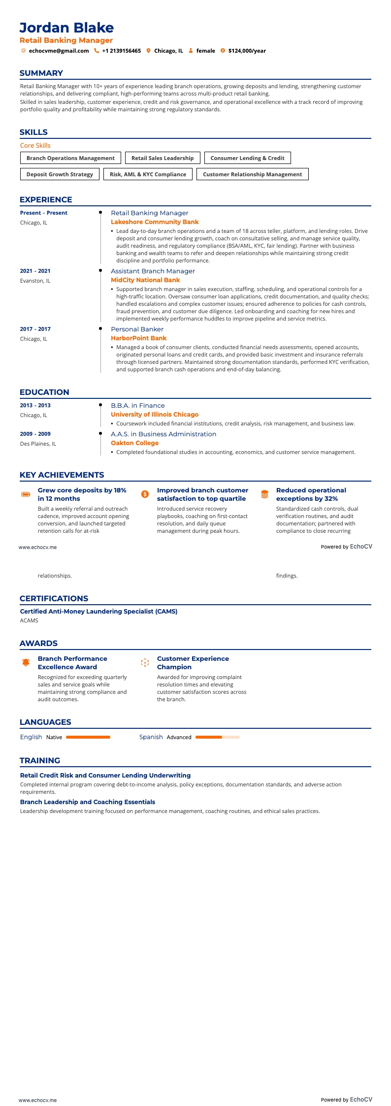 Retail Banking Manager example resume