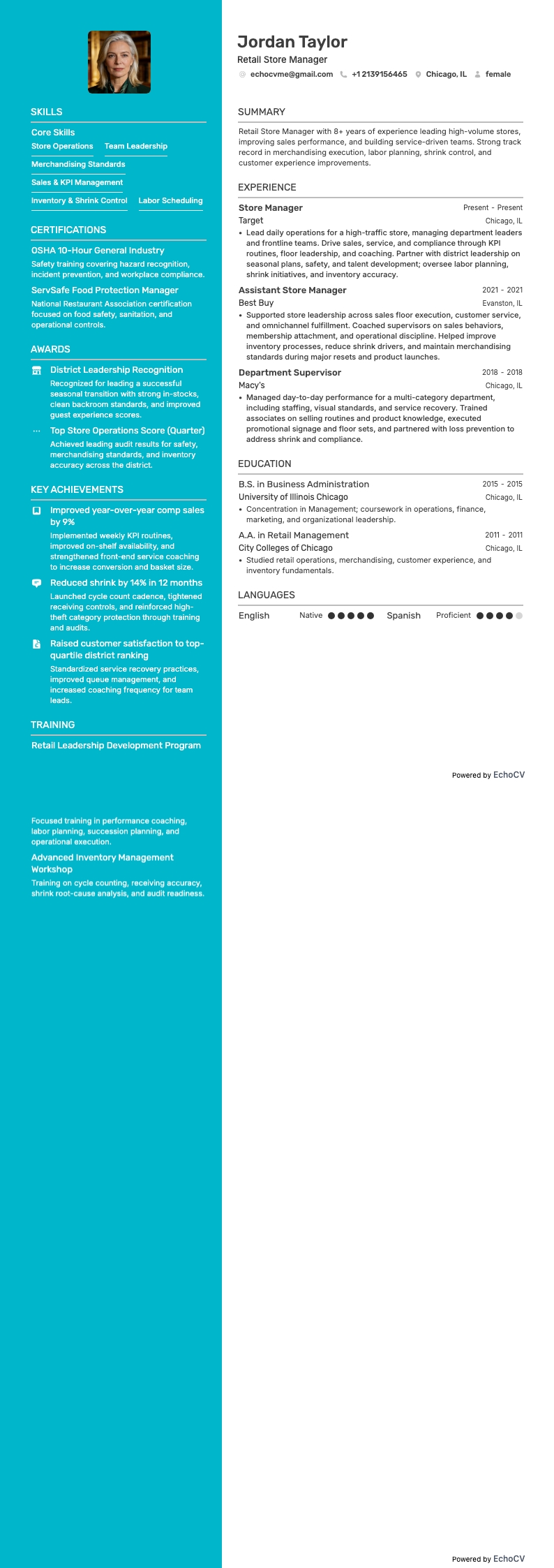 Retail Store Manager example resume