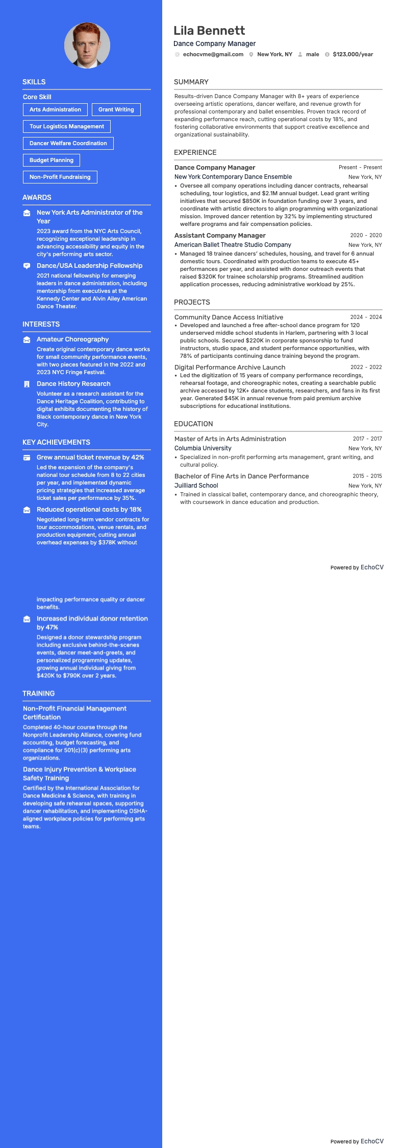 Gerente de companhia de dança example resume