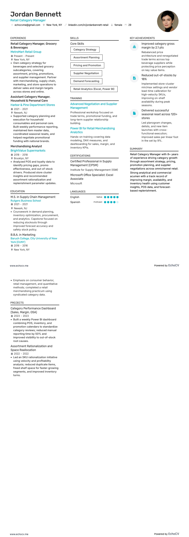 Retail Category Manager example resume