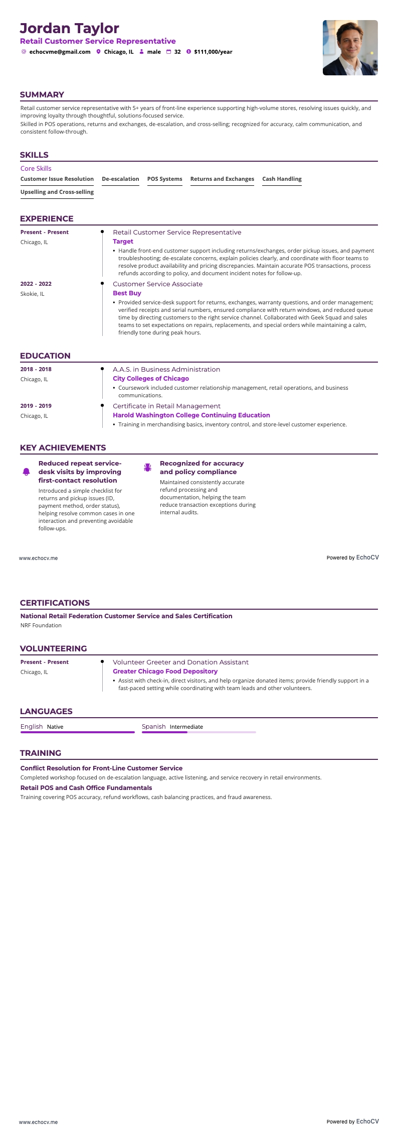 Retail Customer Service Representative example resume