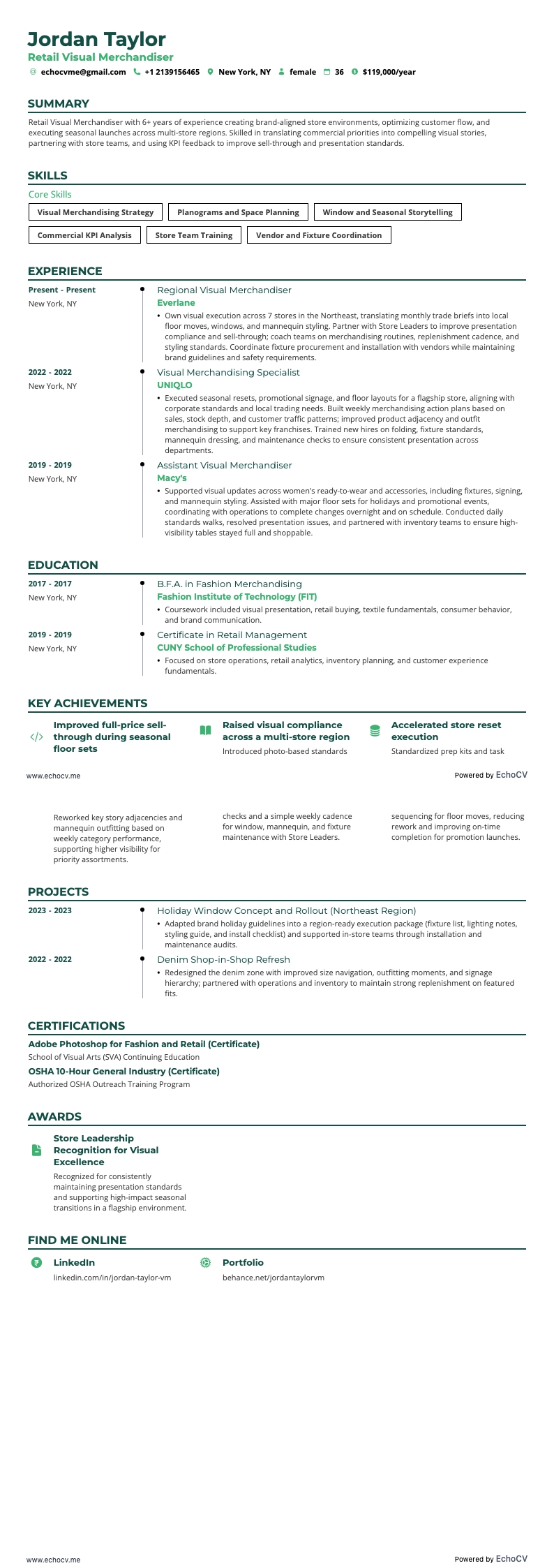 Retail Visual Merchandiser example resume