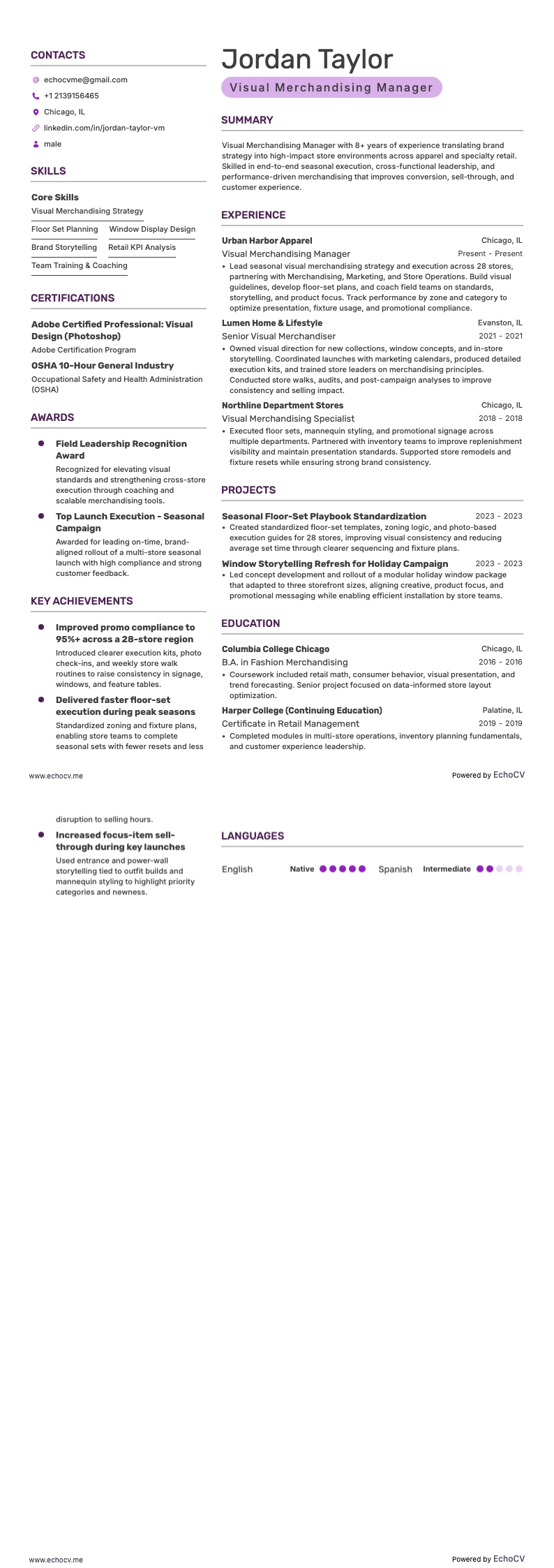 Visual Merchandising Manager example resume