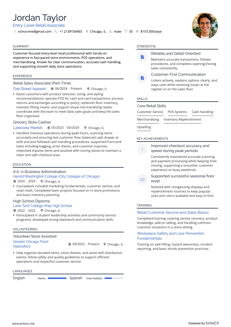 Entry-Level Retail example resume