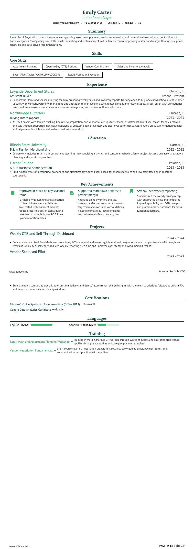 Junior Retail Buyer example resume
