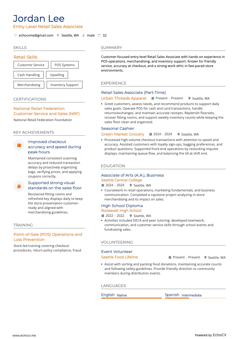 Entry-Level Retail Sales Associate example resume