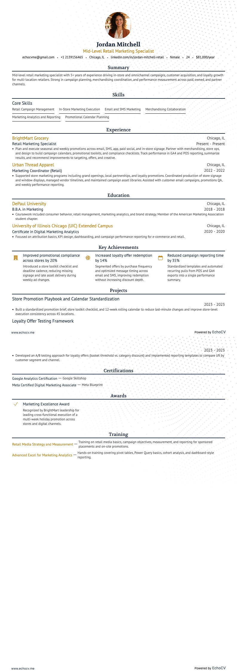 Mid-Level Retail Marketing Specialist example resume