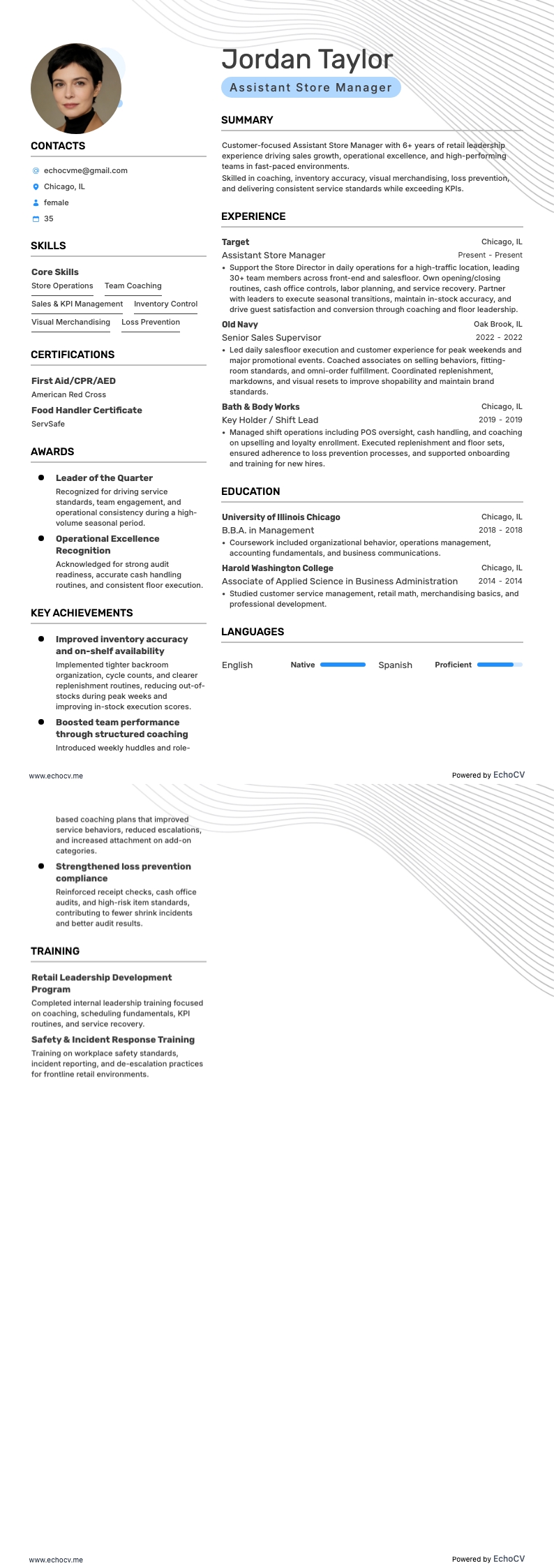Assistant Store Manager example resume