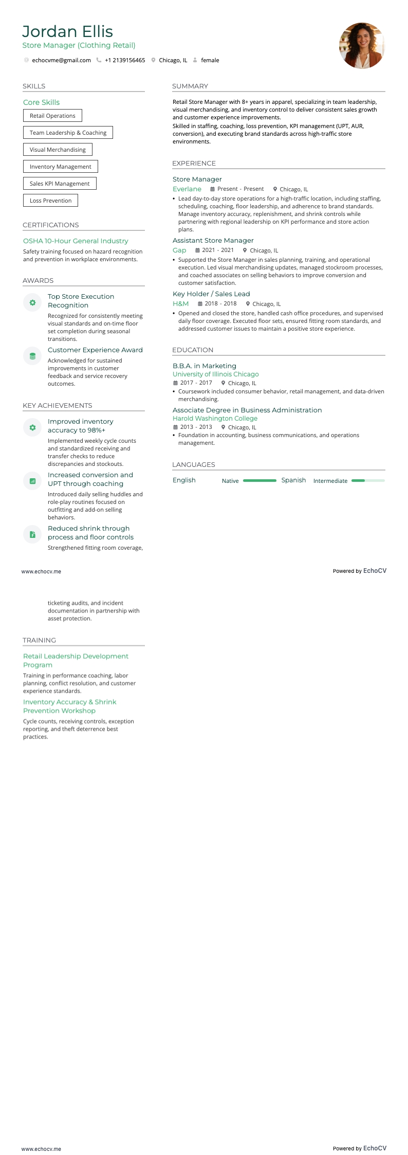 Clothing Store example resume