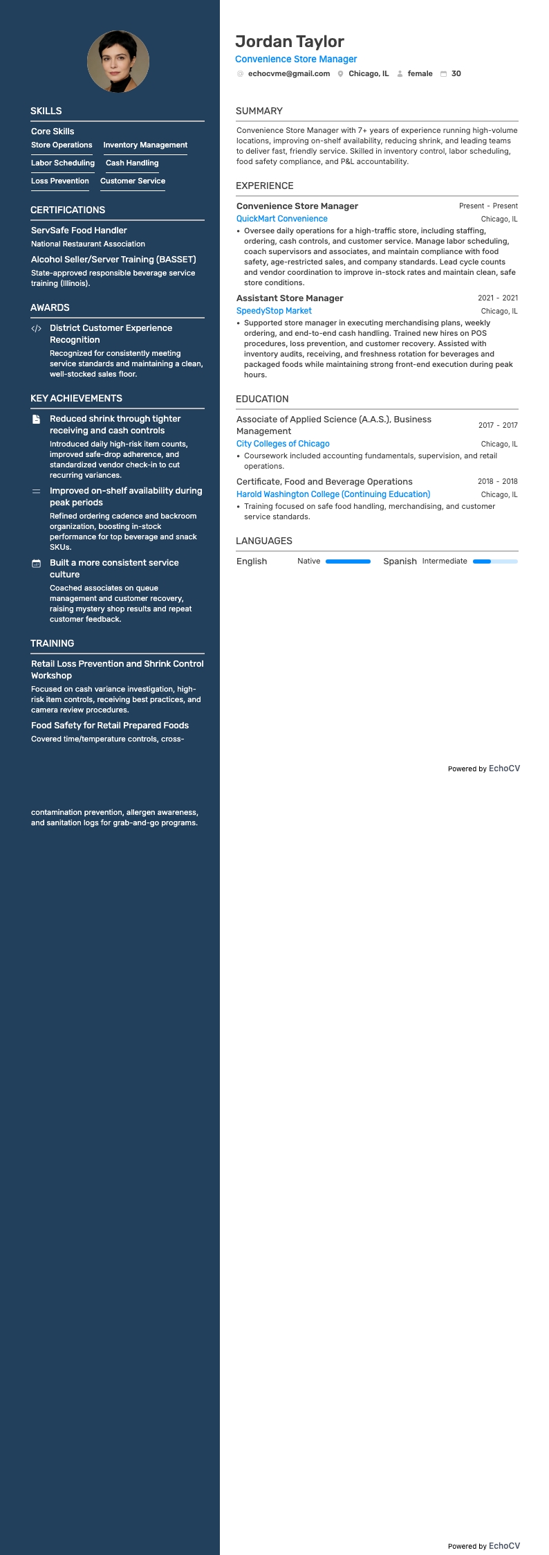 Convenience Store Manager example resume