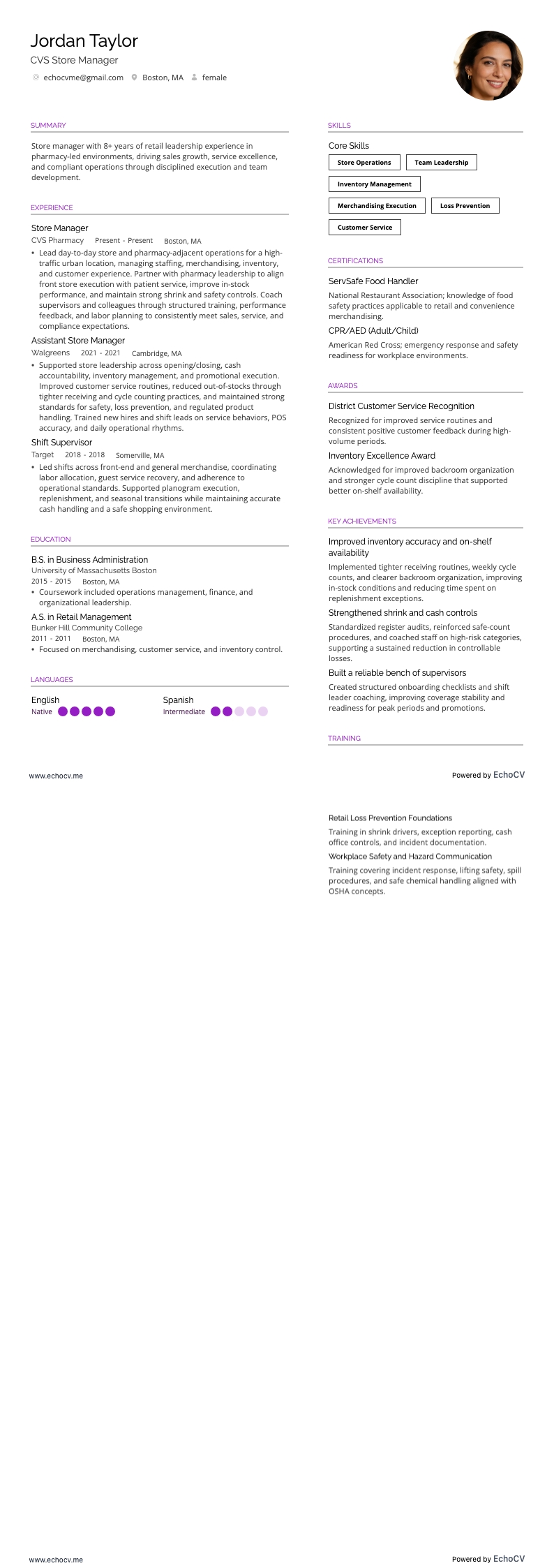 CVS Store Manager example resume
