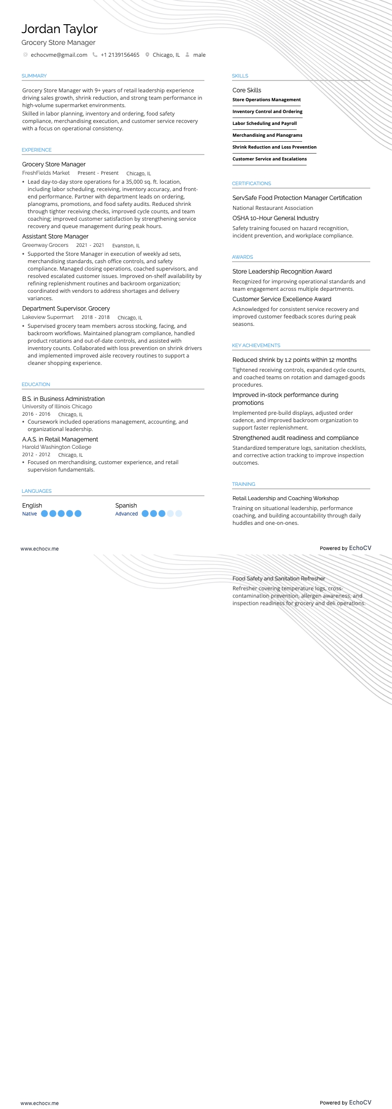 Grocery Store Manager example resume