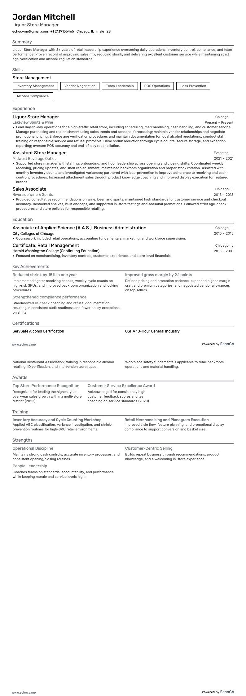 Liquor Store Manager example resume