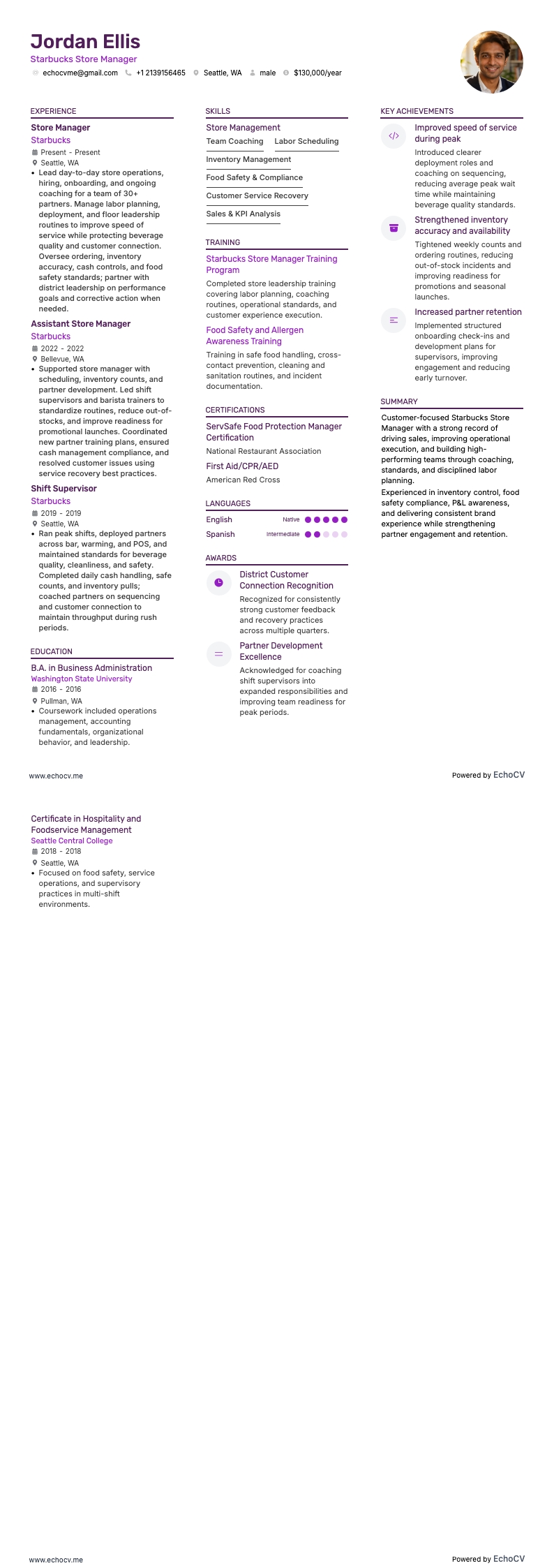 Starbucks Store Manager example resume