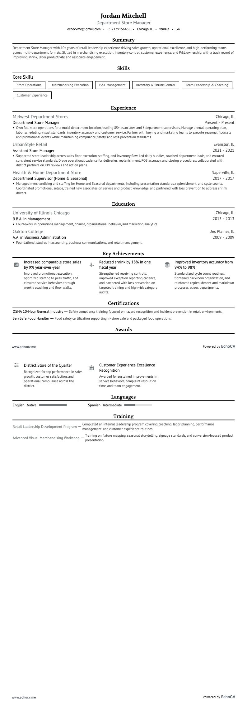 Department Store Manager example resume