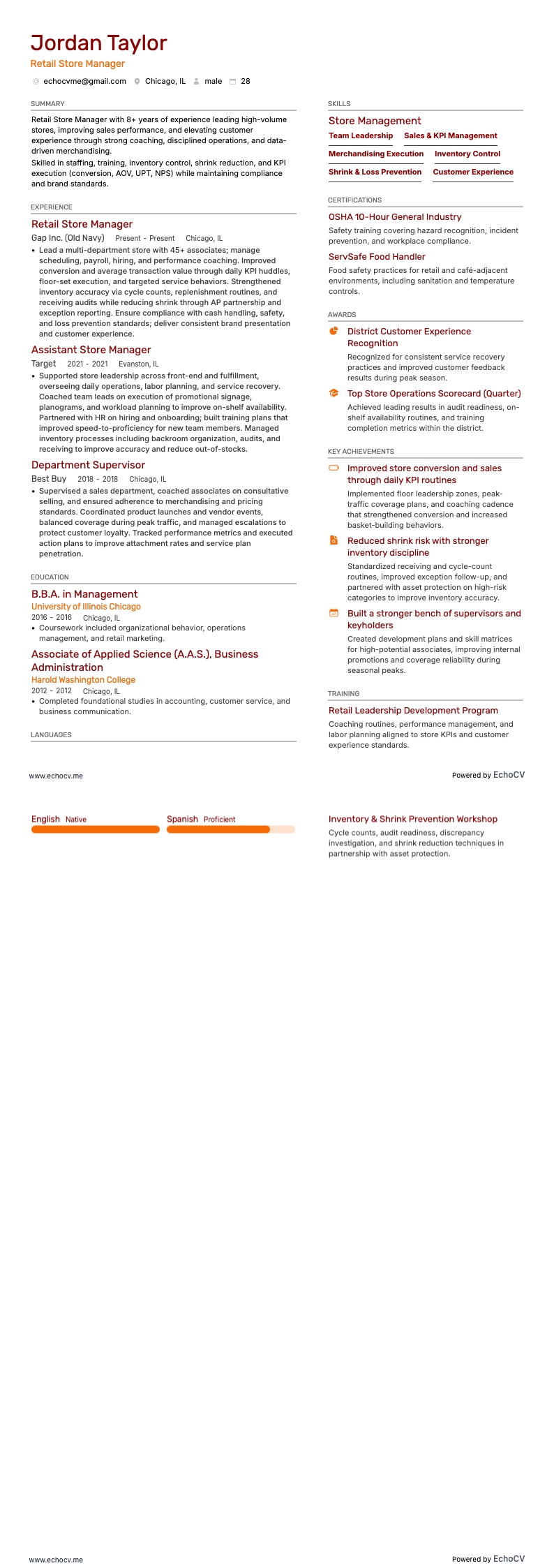 Retail Store Manager example resume