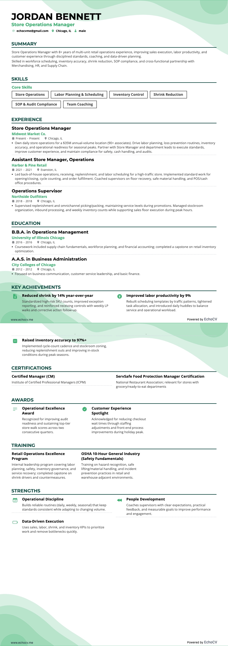 Store Operations Manager example resume